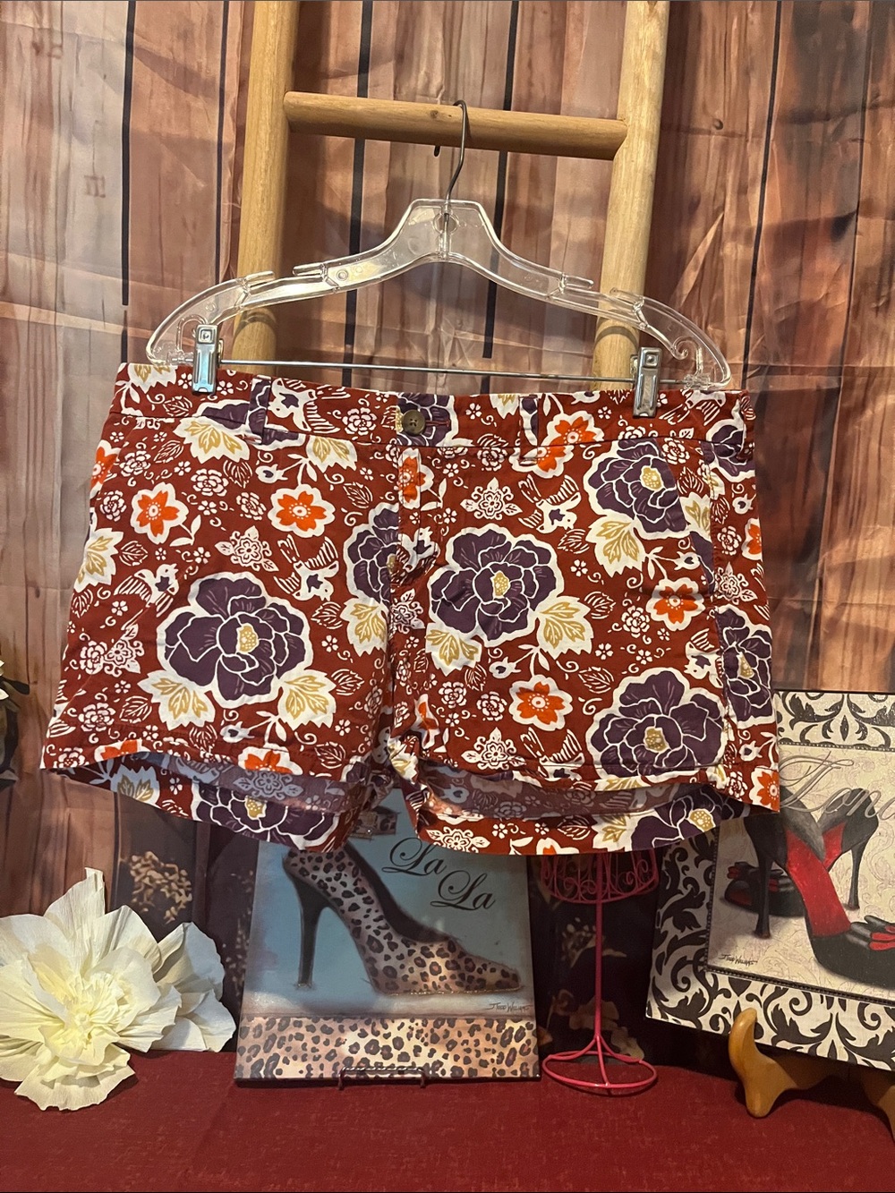 Old Navy High-Waist Floral Shorts in Rust and Purple